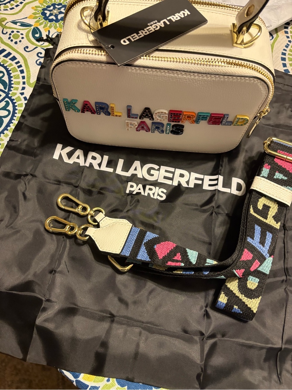 Karl Lagerfeld White Camera Bag with Multicolor Logo and Patterned Strap - Picture 8 of 9